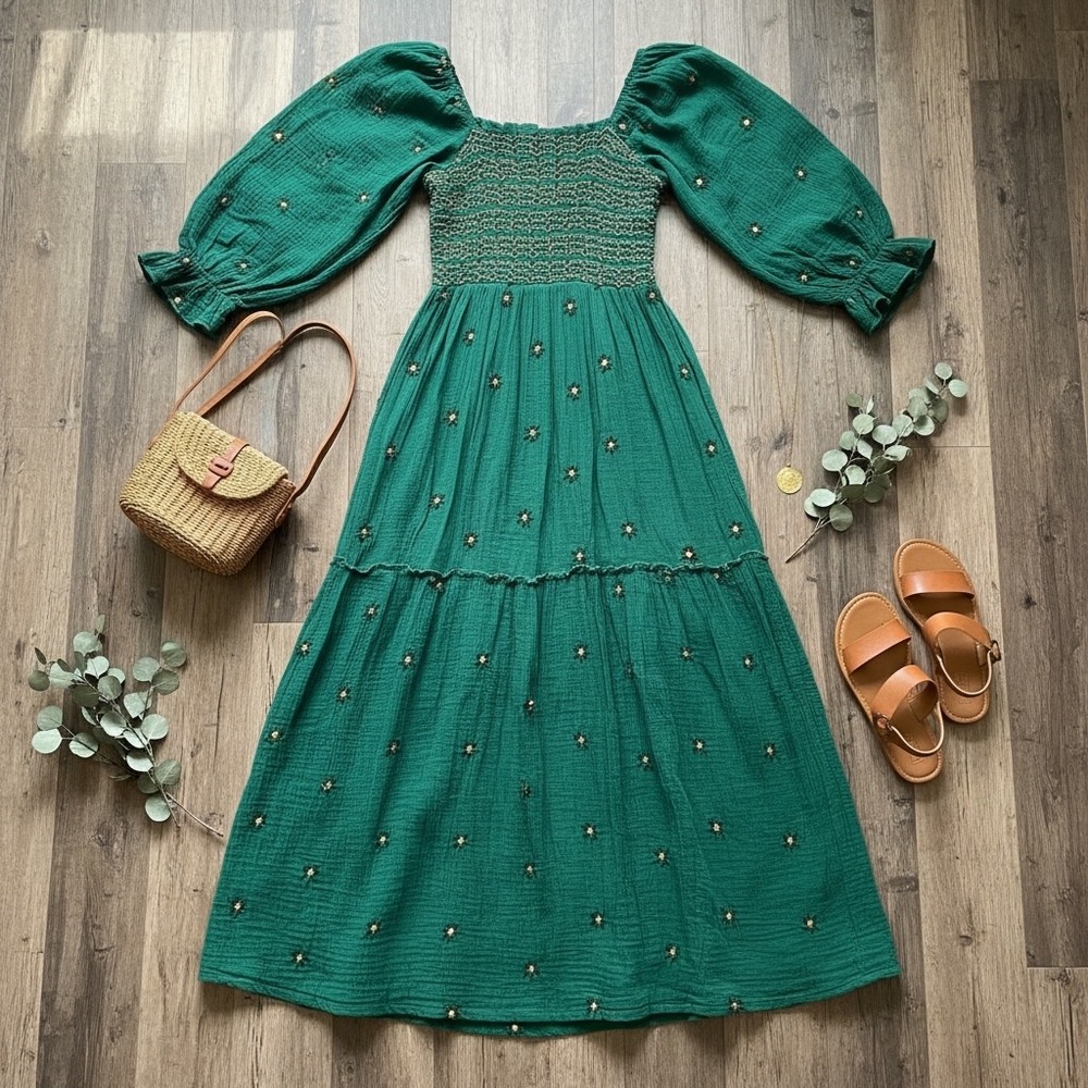 Cottage Fairy Boho Green Smocked Floral Embroidered Puff Sleeve Tiered Dress M